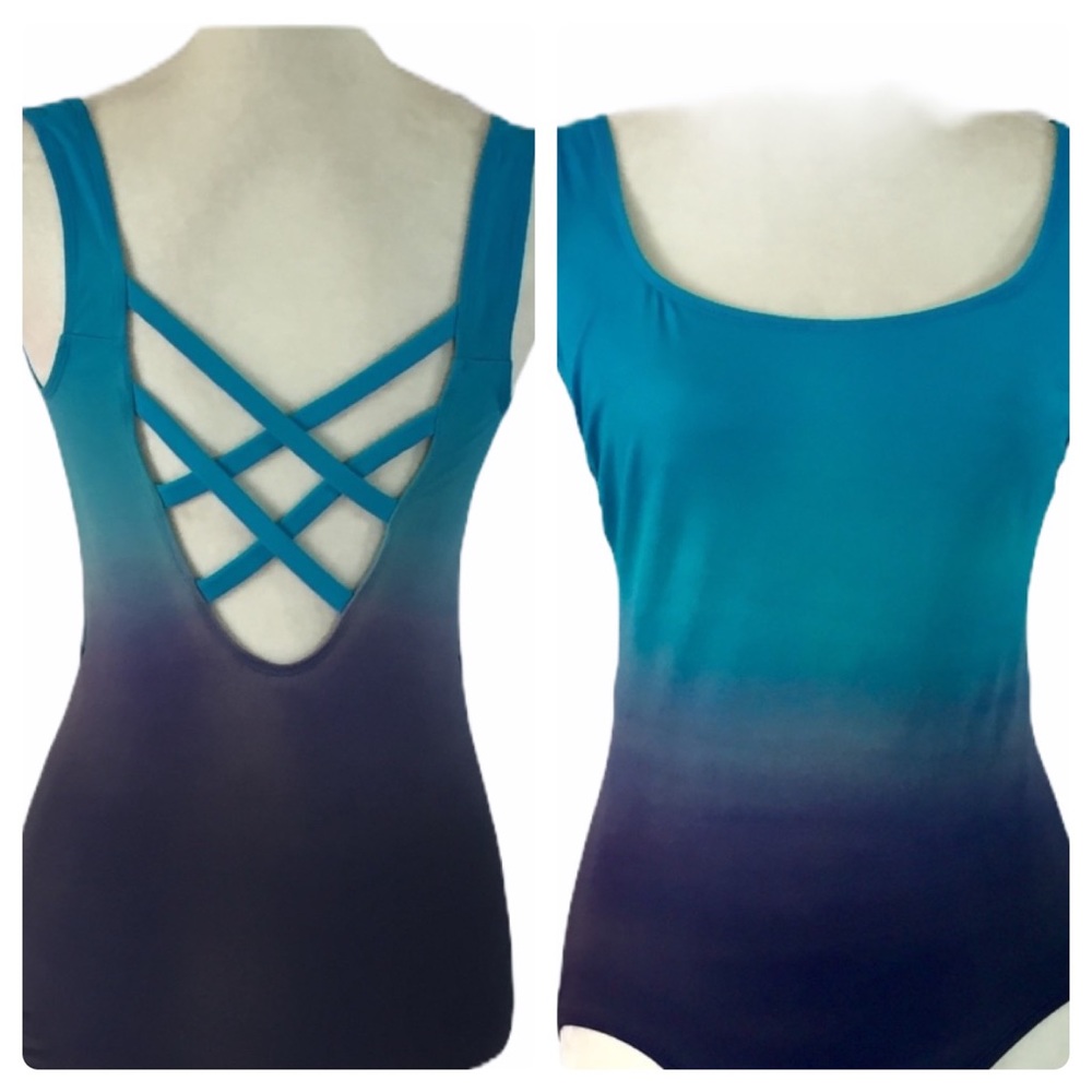 Blue ombré one piece crisscross back tank swimsuit - Picture 1 of 6